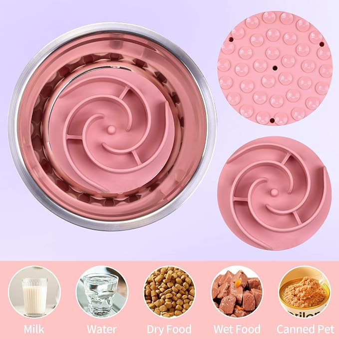 Slow Feeder Dog Bowls Insert, Bestalk Soft Silicone Slow Eating Feeder Insert with Suction Cups for Small, Medium and Large Dogs, Fit into Basic and Elevated Dog Bowls, Pink - Image 7