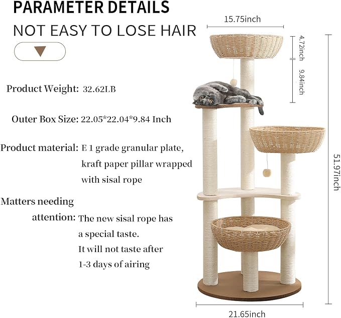 52" Modern Cat Tree Tower for Large Cats, 3Cat Nests Manual Hand Woven Multilevel Huge Paws Pals Cat Tree, Wood Cat Tower, Cat Scratching Tree, Cat Condo, Cat Lover Gift - Image 4