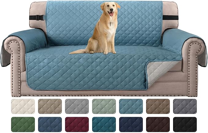 Sofa Protector for Dogs/Cats/Pets Sofa Covers Slipcover Quilted Couch Coveres Loveseat Covers with Non Slip Elastic Strap Water Resistant Seat Width: 54" (Oversized Loveseat, Smoke Blue/Beige) by HVERSAILTEX