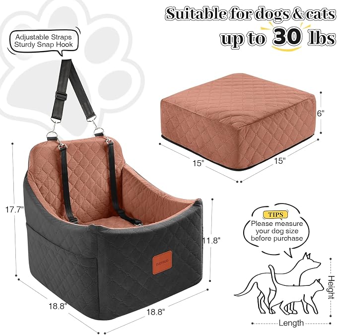Dog Car Seat for Small/Medium Dogs, Memory Foam Dog Booster Seat, Travel Safety Pet Car Seat with Washable Removable Cover, Storage Pockets for Dogs up to 35 lbs((Black/Brown, Medium) - Image 3