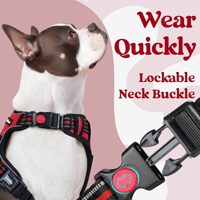 rabbitgoo Dog Harness Medium Sized, Updated Easy On & Off with 3 Buckles | No Pull No Choke, Walking with 2 Clips and Handle, Adjustable Soft Reflective, Red, Medium - Image 3