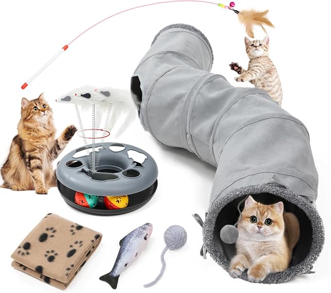 Pet Cat Tunnel Tube Cat Toys 2 Way Collapsible, Tunnels for Indoor Cats,S-Shaped Play Tube with Peephole and Hanging Ball,10.5" Maze Cats House for Puppies, Rabbits, Kitty, Kitten,Ferrets by TSEB4TEP