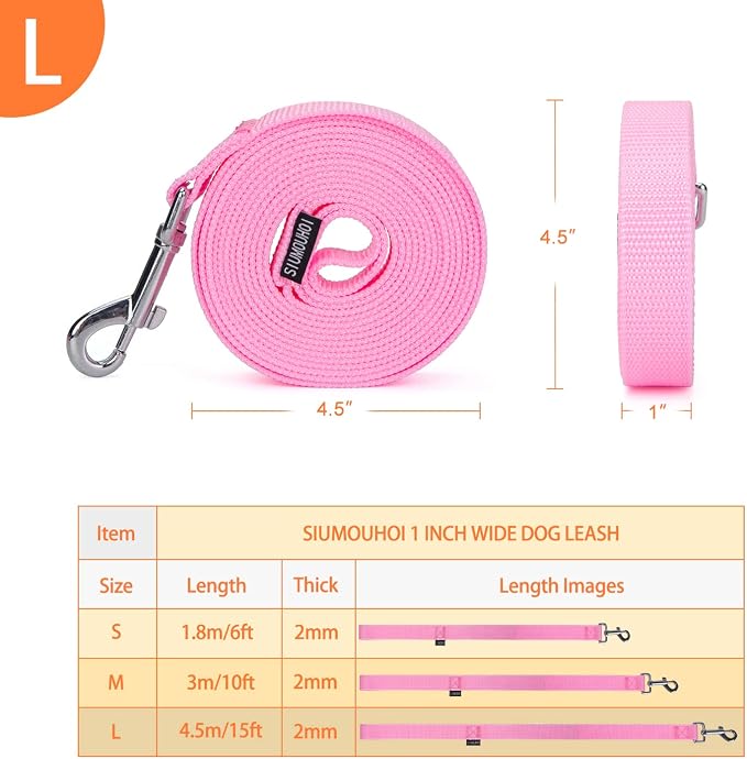 Strong Durable 15ft Nylon Dog Training Leash, 1 Inch Wide Traction Rope, for Small and Medium Dog (Pink, 15 Feet) - Image 2