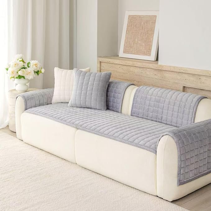 Velvet Washable Couch Cover for Dog,L Shape Sofa Cover for Pets. | 27.6"x94.5",Light Grey,Sectional Couch Cover,Soft Velvet,Non-Slip,Furniture Protector,quilted - Image 4