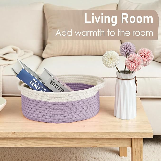 JMvicyroam Small Woven Basket, Empty Gift Basket, White&Purple/2 Pack | Small Gift Basket, Cotton Rope, 12 x 8 x 55 in, Handles, Includes Ribbon and Bag, Birthday Gift Basket - Image 7