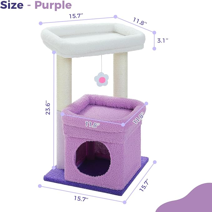 PEQULTI Indoor Cat Tree Tower Small Cats, Sisal Post & Cozy Condo, Purple | Private soft cat condo, soft top perch, natural sisal scratch posts, plush pom-pom toy for indoor kitties - Image 3