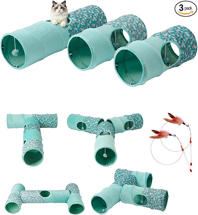 Cat Tunnel, 3 Straight Shaped Tunnels 6 DIY Shapes with Wand Toys, No Noise Scratch Resistant Cool Linen Fabric, Interactive Pet Tunnel Tube for Indoor Cats, Puppy and Rabbits by Odoland
