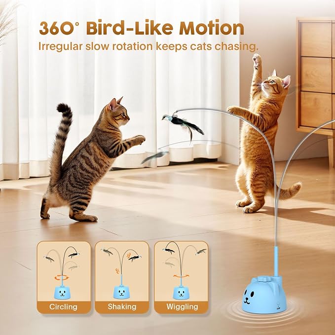 Interactive Cat Toys for Indoor Cats, 360° Automatic Spin Flying Bird Wand | 8cm Suction Cup & Weighted Base, Silicone-Protected Rod, USB Rechargeable with Replaceable Feather & Streamer Attachments - Image 3