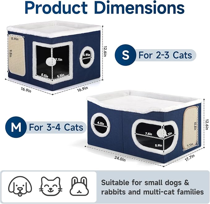 Shikha Extra Large Cat House Bed for Multi Cats with Scratch Pad Blue | 24 x 17.7 x 12.6 IN Widen Cat Cave Cube for Multi Pets, Foldable, Arc-Edge Design, Oval Door, All Seasons Reversible Cushion - Image 2
