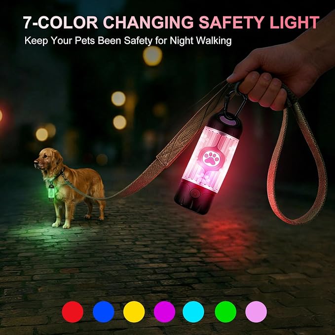 Dog Poop Bag Holder with Flashlight 7-Color, USB-C Rechargeable Poop Bag Displenser for Leashes, IPX6 Waterproof Anti-Slip Clip Pet Waste Bag Holder for Walking (1 Dispenser, 30 Bags) - Image 4