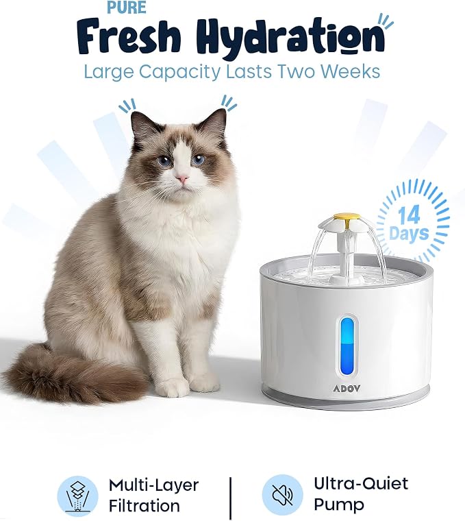 ADOV Cat Water Fountain for Drinking, Quiet 81oz/2.4L Automatic Pet Fountain for Cats Indoor, LED Light, Water Level Window, 3 Flow Modes, Easy to Clean, Filter Included for Cats and Small Dogs - Image 6