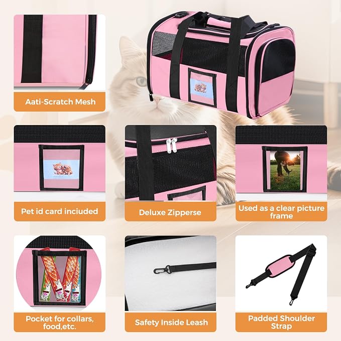 Cat Carrier Soft with Detachable Food Bowl,Soft-Sided Pet Bag(Up to 16 lbs) | Puppy Crate with Lockable Zippers,Airline Travel for Small Dog,Kitten,Animal,Breathable Mesh Kennel,Carrying Case,Pink - Image 6