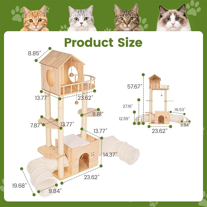 58 Inch Large Solid Wood Cat Tree, Tall Cat Tower for Indoor Cats, Cat Tree House with Double Tunnels, Sisal Scratching Posts, Washable Cushion, Hanging Balls, Natural - Image 2