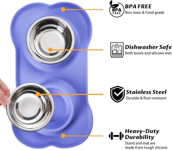 Hubulk Pet Dog Bowls 2 Stainless Steel Dog Bowl with No Spill Non-Skid Silicone Mat + Pet Food Scoop Water and Food Feeder Bowls for Feeding Small Medium Large Dogs Cats Puppies (Medium, Purple) - Image 2
