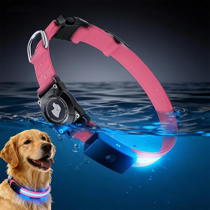 LED AirTag Dog Collar - Brightest Light Up Dog Collars - IP68 Waterproof Air Tag Dog Collar Holder - 1,600 Feet of High Visibility - Magnetic Charging - Dog Lights for Night Walking, Pink L by Unknown