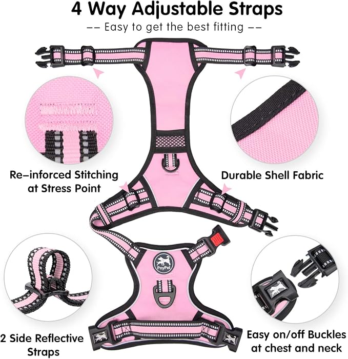 PoyPet Dog Harness Small, No Pull Vest with Front/Back Clip & Neck Buckle | No Choke, Lockable, Reflective, 2 Lead Rings, Adjustable, Soft Padded Handle for Training Walking, S, Light Pink - Image 4