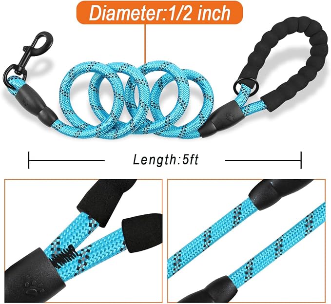 BARKBAY Dog Leashes for Large Dogs Heavy Duty Dog Leash 2 Pack 5 FT with Comfortable Padded Handle Highly Reflective Threads for Medium Large Dogs Walking Training Running (5FT-1/2,Blue+Black) - Image 6