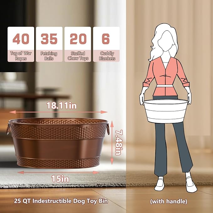 Metal Dog Toy Bin, Copper, Oval | Large 25-Quart Capacity, Sturdy Toy Box with Handles, for Living Room - Image 3