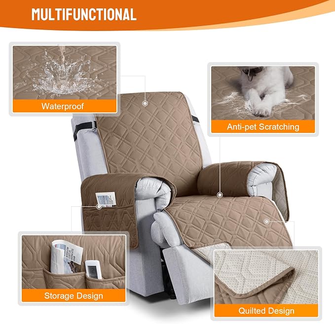 VANSOFY 100% Waterproof Recliner Chair Covers Washable, Light Brown, 22" | Non-Slip, Slipcover with Pocket, Furniture Protector, Elastic Straps, Chair Cover for Pets, Dogs - Image 7