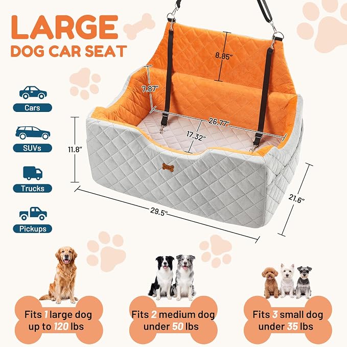 Dog Car Seat for Large Medium Dogs up to 55 lbs, Memory Foam Dog Booster Seat with Storage Pocket, 2 Safety Leashes,Washable Cover, Portable Anxiety Pet Travel Bed, Gray - Image 4