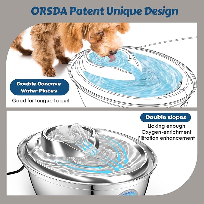ORSDA Stainless Steel Cat Water Fountain, 100oz/3L Automatic Pet Drinking Fountain, Dog Water Dispenser Bowl with LED Window for Cats and Small & Medium Dogs- 8 Filters +4 Pump Sponges（ D66 - Image 2