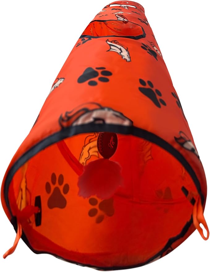 NFL Denver Broncos Cat Tunnel Tube Toy with Plush Football Catnip and Feathers Collapsible Tunnel for Cats to Play, Peek and Hide, Sporty & Fun Cat Tunnel Toy with Team Logo All-Over Design! - Image 4