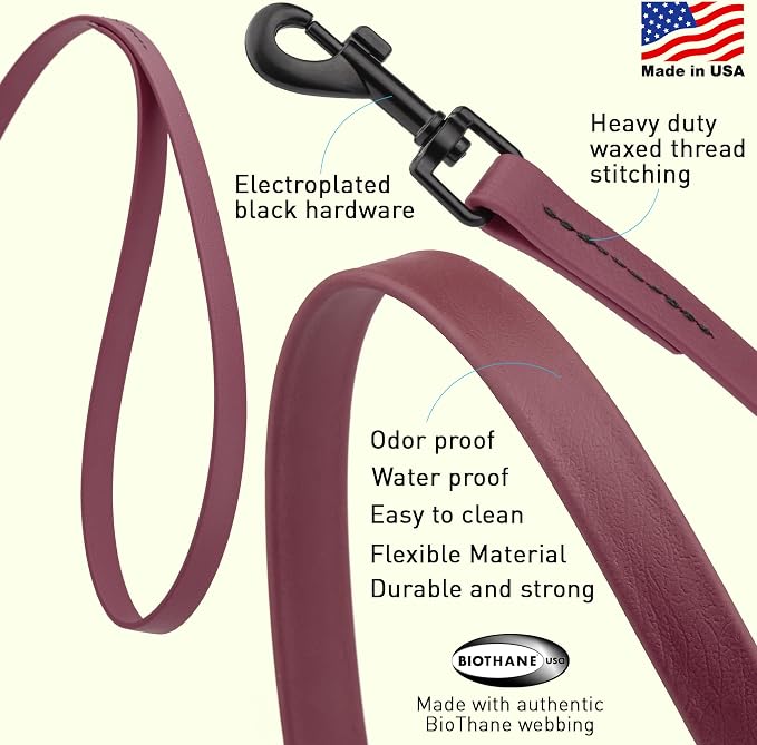 Dogline Biothane Waterproof Dog Leash Strong Coated Nylon Webbing with Black Hardware Odor-Proof Easy to Clean High Performance for Small or Large Dogs Made in USA 4 or 6 ft Lead, Merlot Burgundy - Image 2