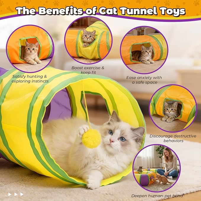 Cat Tunnel for Indoor Cats 6-Shaped, Collapsible Cat Playhouse Pet Play Tunnel Tube Maze with Hanging Pom-Poms and Interactive Hole for Kitten, Kitty, Puppy, Rabbits, Ferret, Guinea Pig - Image 4