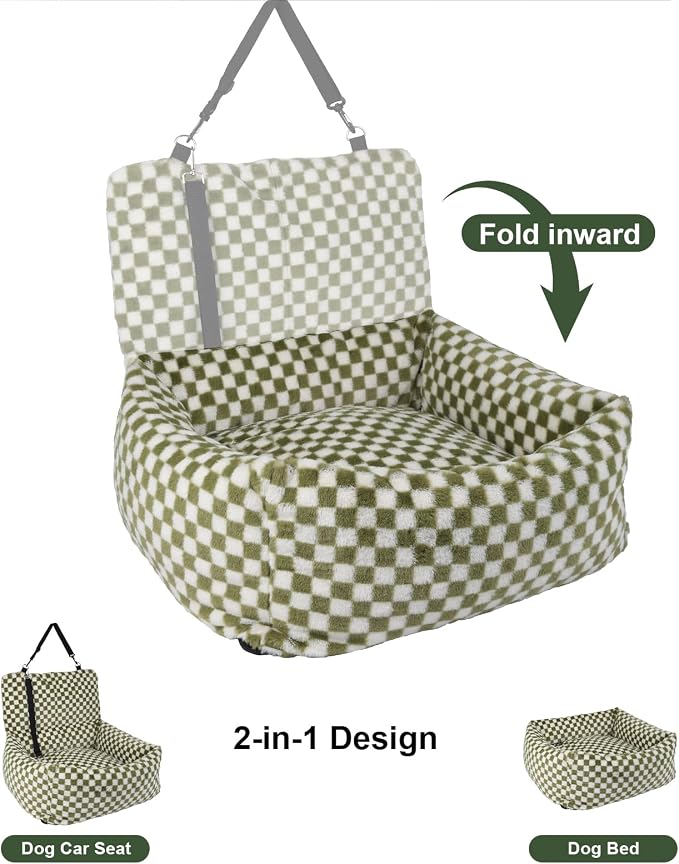 Dog Car Seat for Small Dogs,Medium Dog Car Bed with Detachable Washable Cover,Pet Puppy Booster Cars Seats with Safety Belt Up to 30 lbs(Grid Green) - Image 7