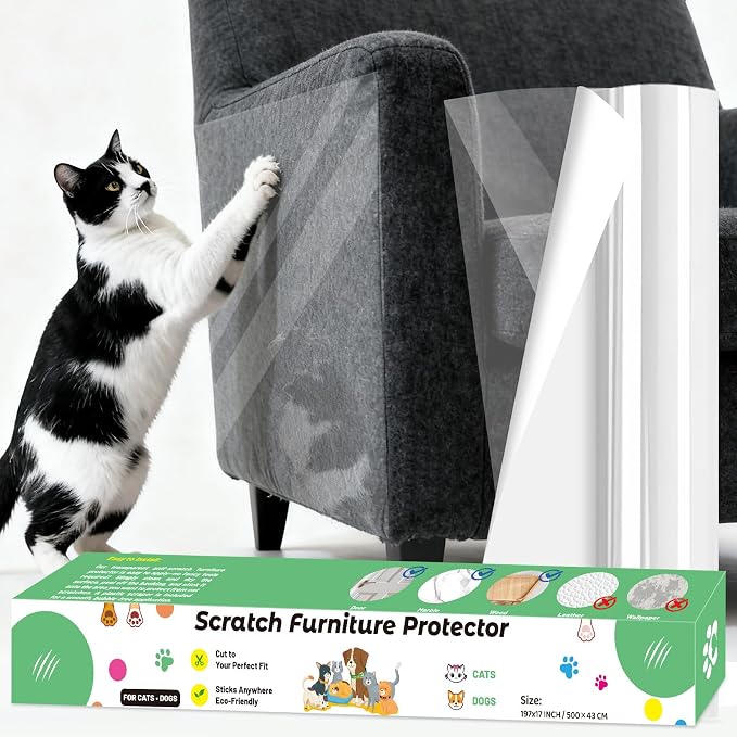 Cat and Dog Scratch Furniture Protector, 197" x 17" Transparent Self-Adhesive Cat Scratch Protector, Couch Corner Door Wall Bed Anti-Scratch Guard with Scraper by Mfmiudole