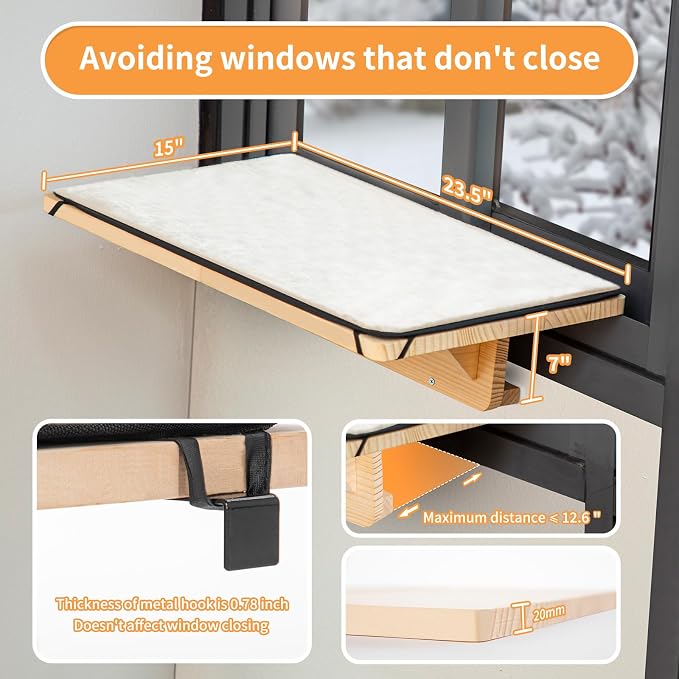 Petsfit 2 Cats Design Cat Window Perch, Natural Wood with Removable Fleece Mat Space Saving Cat Window Seat for Cats - Image 3