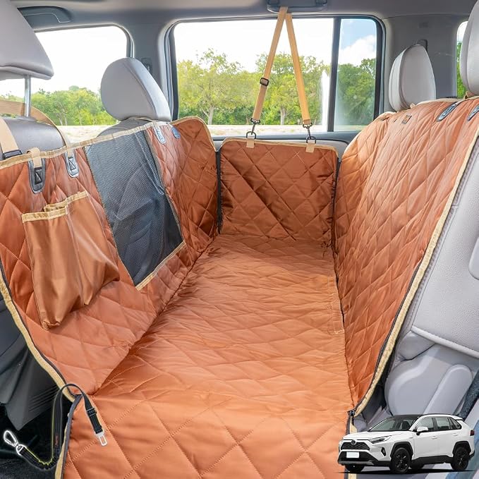 56"Wx60"L Dog Car Seat Cover for SUV & Truck, Heavy Duty 900D Waterproof Pet Hammock with Mesh Window, Odorless Scratchproof Backseat Protector for Large Dogs, Fit Model Y, F-150, RAV4 - Brown by iBuddy