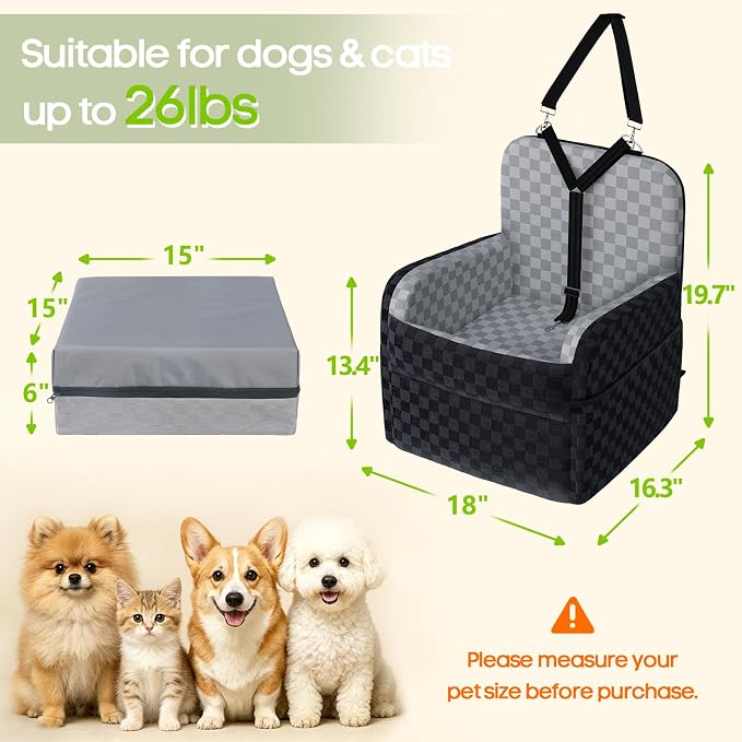 Waterproof Dog Booster Car Seat for Small Medium Dogs up to 26 lbs | 6-Inch Elevated Memory Foam CarSeat, Detachable Washable Cover, Y-Shape Safety Belt, Storage Pockets, Fits in Front/Back Seat - Image 2