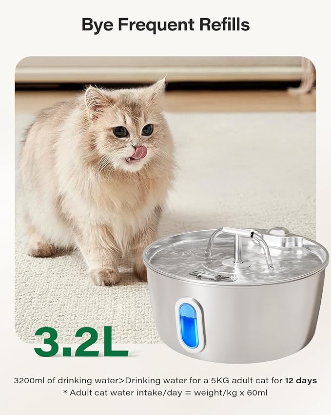 Stainless Steel Cat Water Fountain - 3.2L/108oz Cat Fountain for Drinking | Quiet Pet Water Fountain for Cats Indoor - Automatic Pet Water Bowl Dispenser - for Kitty & Small Dog (4 Filters) - Image 2