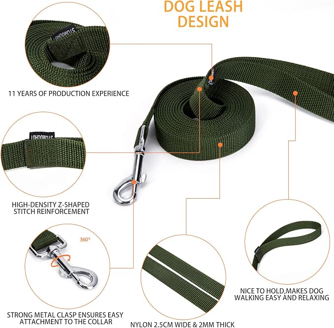 Strong Durable 10ft Nylon Dog Training Leash, 1 Inch Wide Traction Rope, for Small and Medium Dog (Military Green, 10 Feet) - Image 3