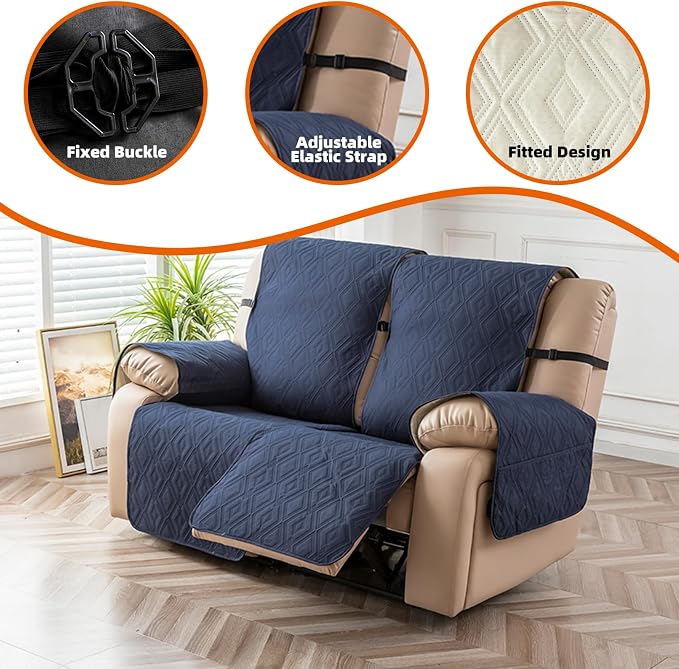 Genina Waterproof Loveseat Recliner Cover Non-Slip, Sofa Cover for Reclining Couch 2 Seat, Washable Couch Cover Loveseat Furniture Protector Cover for Pets Dogs Kids (Navy, Recliner Loveseat) - Image 7