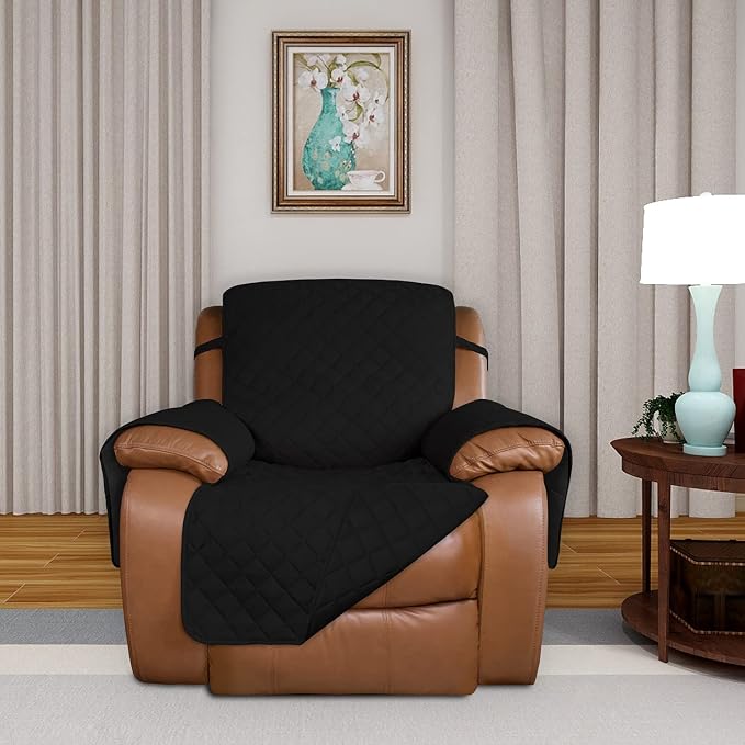PureFit Reversible Quilted Oversized Recliner Sofa Cover, Water Resistant Furniture Protector, Washable Couch Cover with Elastic Straps for Kids, Pets (Large, Black/Black) | Black/Black, Water Resistant Couch Protector, Washable Pet Couch Cover with No... - Image 2