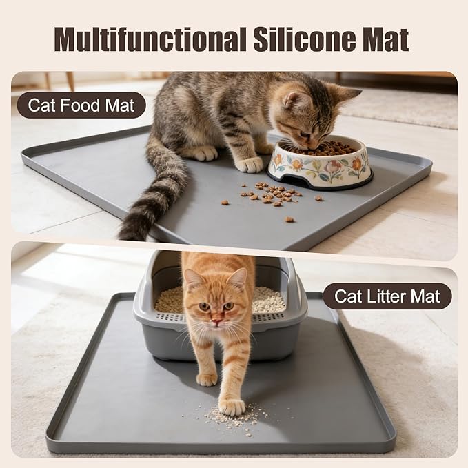 Silicone Cat Litter Mat 24x20 in Waterproof Litter Box Mat Leak-Proof Thick Under Kitty Litter Box Feeding Tray with Raised Edges for Floor Carpet, Grey - Image 6