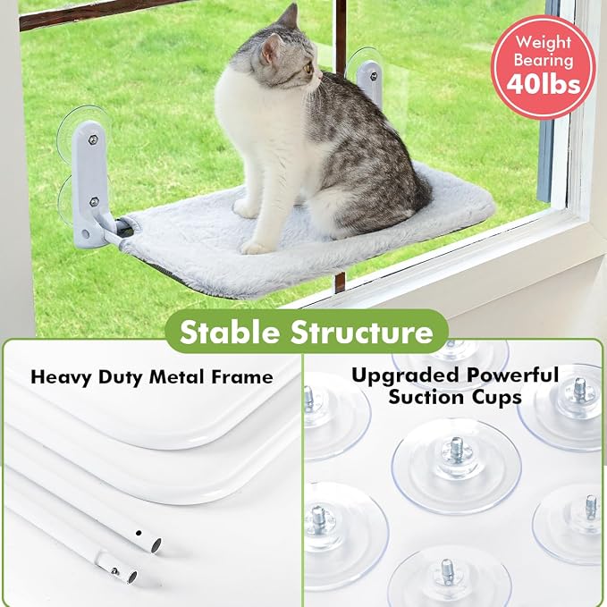 Zoratoo 2PC Cat Window Perch, Foldable & Cordless with Metal Frame, M Gray | 2-in-1 Reversible Cover, Removable for Machine Wash, Stable Window Resting Seat with Large Suction Cups for Indoor Cats - Image 3