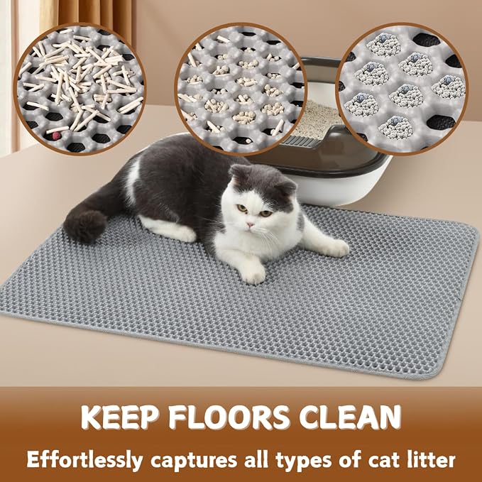Honeycomb Double Layer Cat Litter Mat, Gray, 36 x 24 Inch, 1 Pack | Soft EVA Material, Non-Slip Backing, Urine & Water Resistant, Scatter Control, Washable & Durable, Ideal for Indoor Cats - Image 3