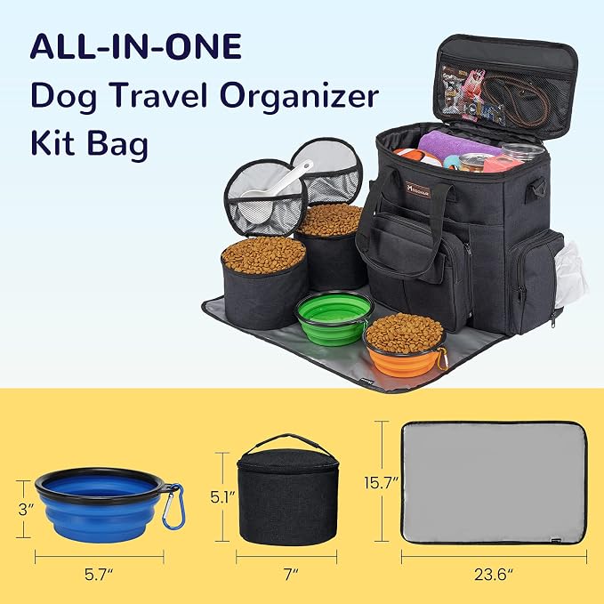 Modoker Dog Travel Bag with 2 Collapsible Dog Bowls, 1 Dog Backpack, Airline Approved Pet Travel BagOrganizer for Supplies & Accessories, 2 Travel Dog Food Container, Black | Dog travel accessories set with feeding supplies, bowls, mat, and strap. Idea... - Image 5