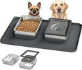 Dog Bowl Set, No Spill Dog Water and Food Bowl with Silicone Mat | Large Capacity 304 Stainless Steel Bowls, 2-In-1 Set, Slow Drinking, Anti-Slip Silicone Feeding Mat, Home/Travel, 6-7 Cups by UPSKYPET