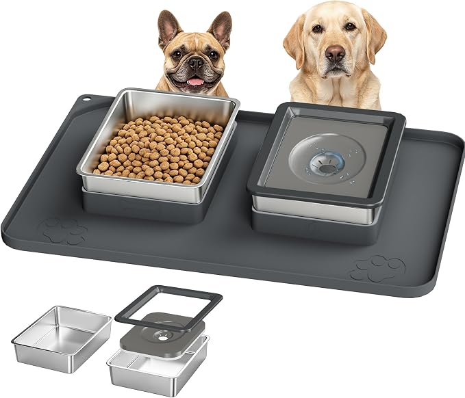 Dog Bowl Set, No Spill Dog Water and Food Bowl with Silicone Mat | Large Capacity 304 Stainless Steel Bowls, 2-In-1 Set, Slow Drinking, Anti-Slip Silicone Feeding Mat, Home/Travel, 6-7 Cups by UPSKYPET