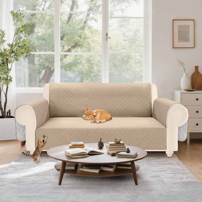 Velvet 100% Waterproof Loveseat Covers Washable Love Seat Couch Covers for 2 Cushion Couch Sofa Pet Friendly Sofa Slipcovers for Dogs Furniture Protector with Pockets (Medium, Light Khaki) - Image 7