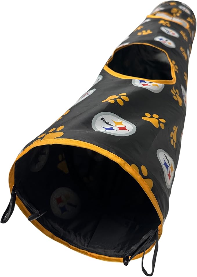 NFL Pittsburgh Steelers Cat Tunnel Tube Toy with Plush Football Catnip and Feathers Collapsible Tunnel for Cats to Play, Peek and Hide, Sporty & Fun Cat Tunnel Toy with Team Logo All-Over Design! - Image 2