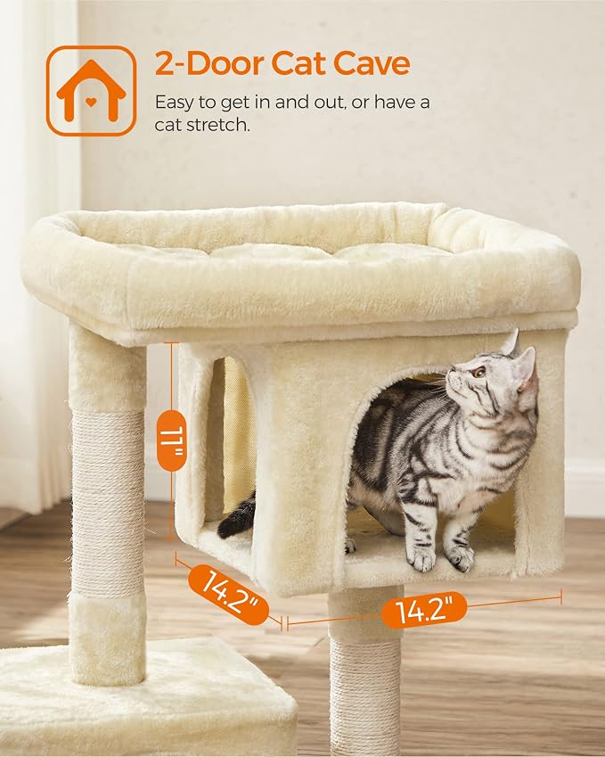 Feandrea Cat Tree, 33.1-Inch Cat Tower, Plush Condo for Large Cats up to 16 lb, Large Perch, 2 Caves, Scratching Post, Beige UPCT61M - Image 4
