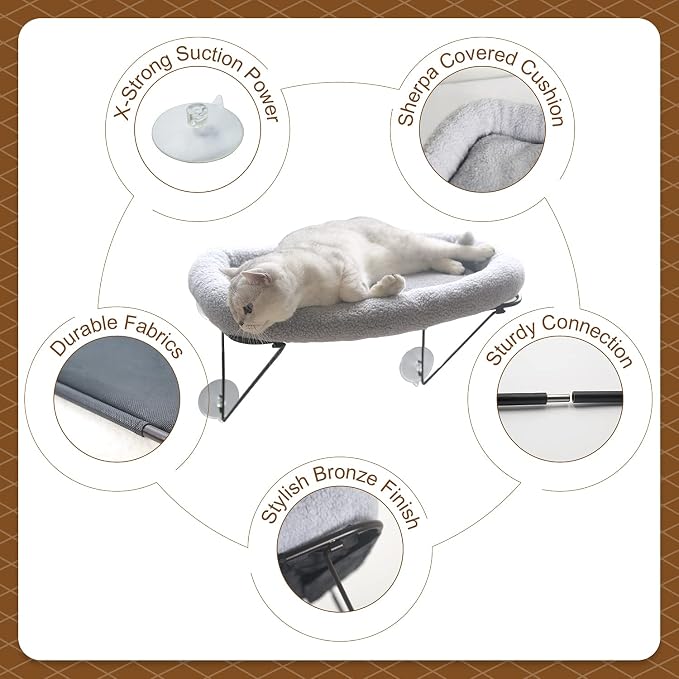Zakkart Cat Window Perch - 100% Metal Supported from Below - Comes with Warm Spacious Pet Bed - Cat Window Hammock for Large Cats & Kittens - for Sunbathing, Napping & Overlooking (Grey) - Image 3