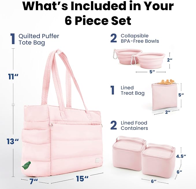 Rubyloo Puffer Dog Travel Bag for Dog Moms, Diaper Bag with Travel Bowls | 2 BPA-Free Collapsible Bowls, 2 Pet Food Containers, 9 Pockets, Everyday Puffer Bag Works With or Without Your Dog, Soft Pink - Image 3