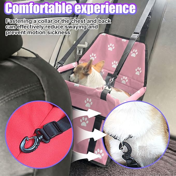 Pet Car Seat, Waterproof Oxford Dog Car Booster Seats, Pink Paw | with Seat Belt and Mesh Window, Breathable & Portable Foldable Travel Look Out Bag for Small Medium Dogs & Cats - Image 5