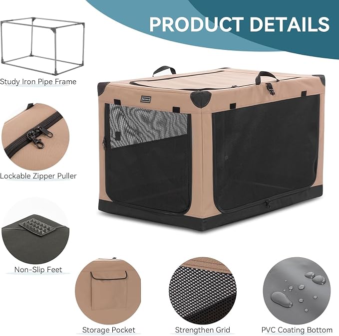 PETSFIT 26" Soft Portable Dog Crate – Patented Spiral Sturdy Frame, Collapsible Travel Kennel for Small Dogs, 3 Mesh Door, Lockable Zippers, Indoor & Car Use Khaki - Image 5